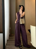 Summer Old Money Fashion Tencel Linen Sleeveless Wide Leg Pants + Vest 2-Piece Set