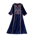 Women's Fall Ethnic Vacation Embroidered V-Neck Waist-Tie Swing Dress + Long Skirt + - Yellow