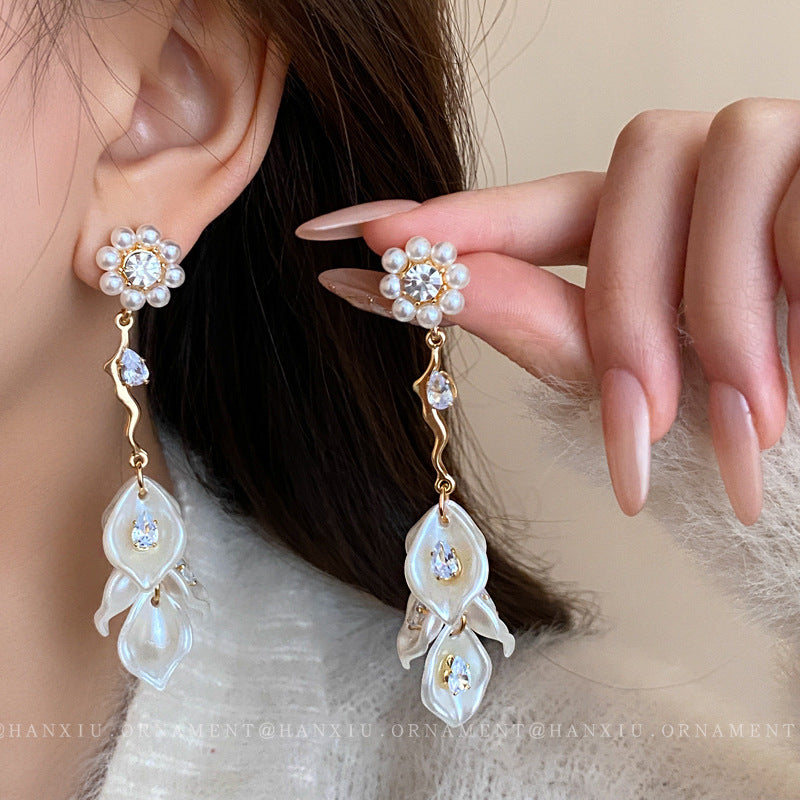 Pearl Flower Rhinestone Tassel Drop Earrings - view 4