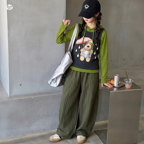 Girls' Long Sleeve Hoodie Tee Cartoon Vest Striped Pants Set