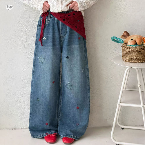 Girls' Star Embroidered Wide-Leg Straight Jeans