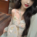 Oil Painting Print Embroidered Halter Dress, Seaside Vacation