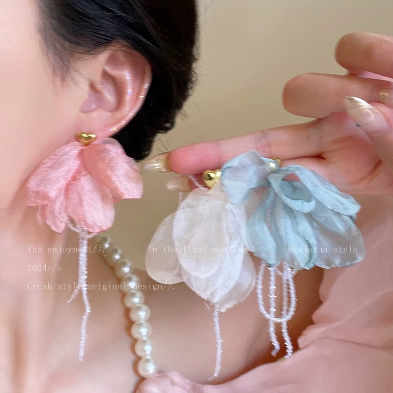 Pink Flower Rhinestone Drop Earrings - view 3