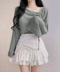 Women's Korean Fashion Long Sleeve Drawstring Knit Top + Tank Top + Camisole 2-Piece - White