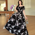 Rayon Floral Off-Shoulder Elastic Waist Bohemian Beach Dress