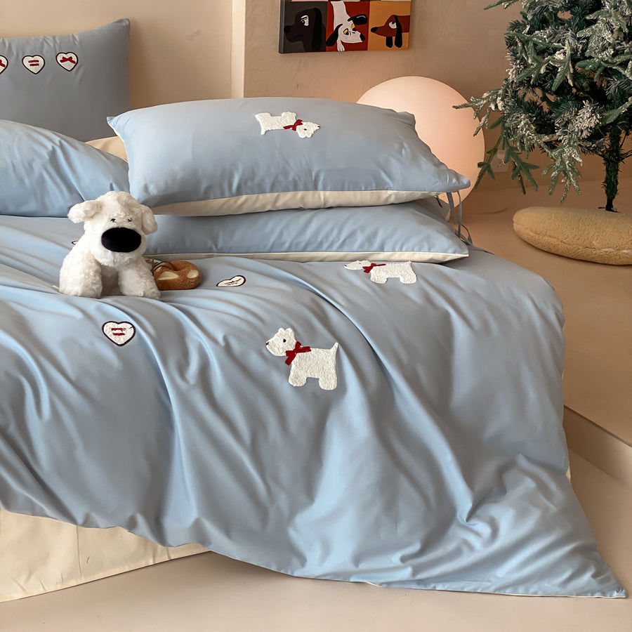 Misty Blue Puppy Embroidered Brushed Cotton 4-Piece Bedding Set - view 2