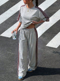 2026 New Street Style Casual Set, Loose Short Sleeve Tee + Side-Stripe Wide Leg Pants