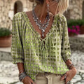 Summer Bohemian 3/4 Sleeve V-Neck Tie-Front Drawstring Shirt