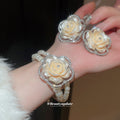 Silver Hands Resin Rhinestone Flower Pearl Bracelet Stud Personality Statement Exquisite Earrings Light Luxury Premium Earrings Women