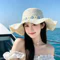 新款甜美大蝴蝶结遮阳草帽女 时尚气质大帽檐太阳帽户外防晒帽子