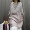 Vintage Linen Embroidered Shirt Dress - Mid-Length Casual Blouse Dress Women