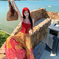 Women's Ethnic Jacquard Knit Tie-Front Color-Block Wide Leg Pants + Tank Top + Skirt - As Pictured