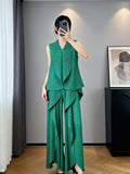 Sleeveless Pleated Asymmetric Drapey Wide Leg Pants + Top Set