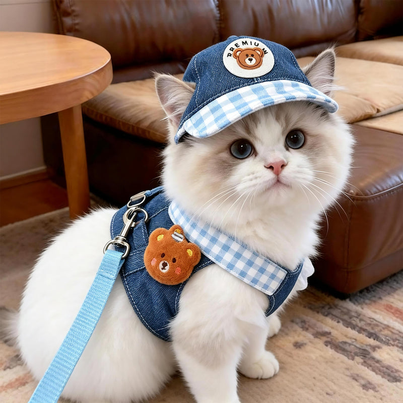 宠物牵引绳牛仔套装德文可牵引胸背猫咪衣服夏季外出专用猫狗通用