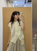 Summer Korean Artistic Ramie Mini Flutter Sleeve Stand Collar Diagonal Placket Lightweight Shirt