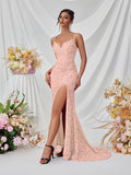 Women's Spaghetti Strap Sequin Mermaid Waist-Cinching Sexy Evening Gown