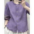 Women's Summer New Chinese Linen Cotton Embroidered Lantern Sleeve Lantern Shirt 2026 - Purple