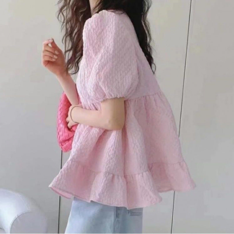 Summer Korean Unique Puff Sleeve Short Sleeve Ruffle Doll Top Shirt