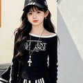 Girls' Printed Boat Neck Tee Stripe Wide-Leg Pants Sports Set