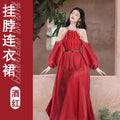 Women's Bohemian Vacation Off-Shoulder Belt Dress + Long Skirt 2026 - Red