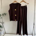 Knit Tank Top plus Wide Leg Pants Set - Large Button Two-Piece Summer Outfit
