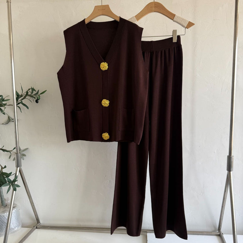 Knit Tank Top plus Wide Leg Pants Set - Large Button Two-Piece Summer Outfit