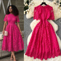 Retro Elegant Heavy Hollow-Out Hooked Flower Water-Soluble Lace Dress, French Waist-Slimming Short Sleeve