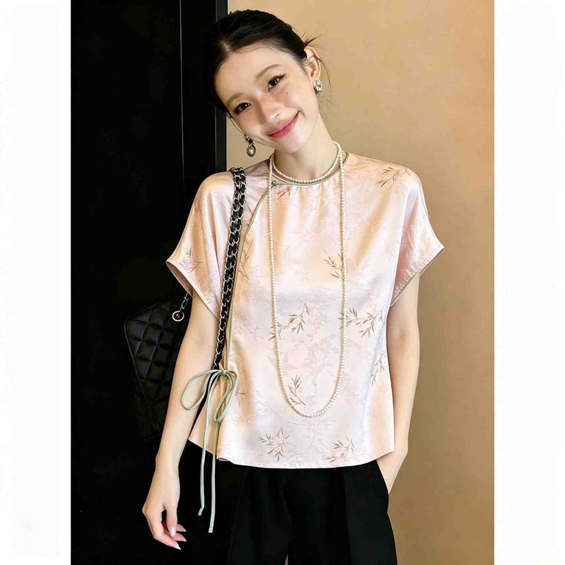 Women's Spring New Chinese Batwing Sleeve Short Sleeve Crew Neck Frog Button Shirt + - Off White