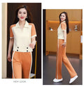 Summer Fashion Designer Short Sleeve Lapel Collar Loose Wide Leg Pants + Top 2-Piece Set