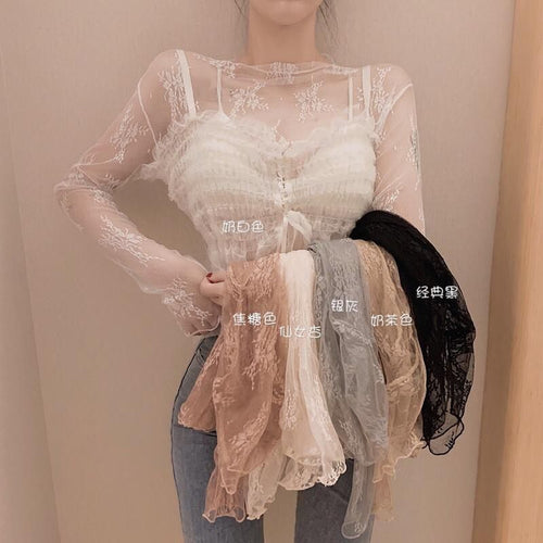 Women's Half High Neck Lace Mesh Autumn Top