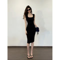 Korean U-Neck Green Camisole Fitted Long Dress