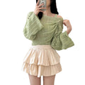Women's Korean Fashion Long Sleeve Drawstring Knit Top + Tank Top + Camisole 2-Piece - White