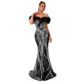 Women's Off-Shoulder Sequin Ruffle Mermaid Slim Fit Slimming Premium Evening ...