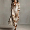 Striped V-Neck Shirt Dress - Loose 3/4 Sleeve Long Summer Dress Women
