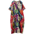 Women's Summer Vacation Minimal Plus Size Linen Cotton V-Neck Printed Loose Long Skir - Apricot