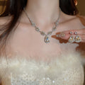 Glacier Aurora ~ Rhinestone Super Sparkle Teardrop Stud Earring Necklace Set Banquet Ambient Feel Choker Versatile Heavy-Duty Necklace