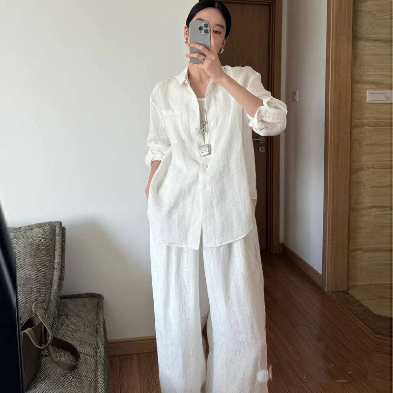 Summer Old Money Fashion Linen Sun-Protection Wide Leg Pants + Shirt Set