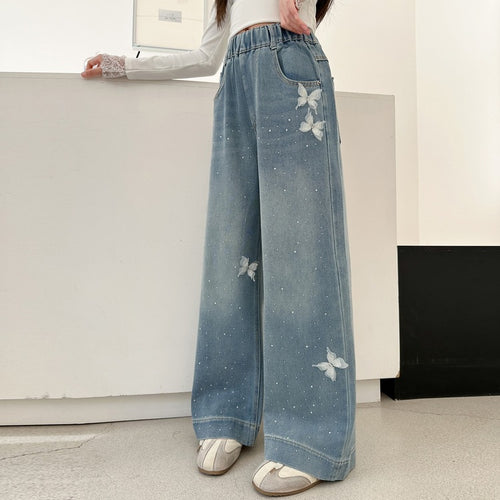 Girls' 3D Butterfly Crystal Wide-Leg Jeans