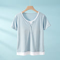 women's fake two-piece pajamas with breast pads, bra-free summer short-sleeved round neck pure cotto