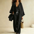 Summer Plus Size V-Neck Drawstring Wide Leg Cardigan + Pants 3-Piece Set