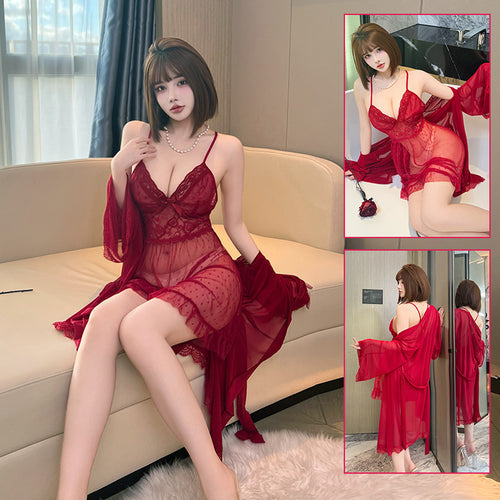 女式蕾丝透视睡衣套装吊带睡裙睡袍两件套情趣内衣852+860薄款
