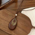 Zen Breeze Wood Teardrop Sweater Chain Women Vintage Distressed Metal Lens Long Style Leather String Neo-Chinese Cotton Linen Accessory Item