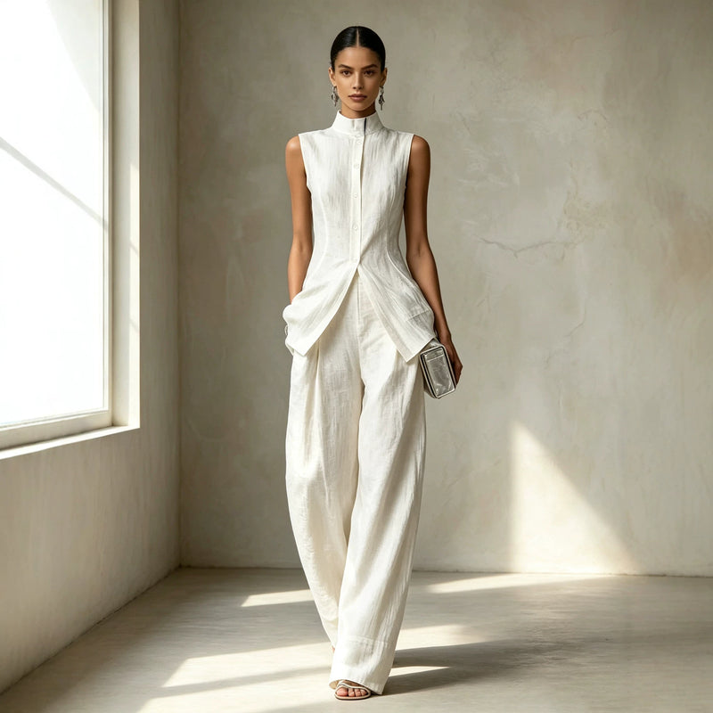 Fashion Elegant Sleeveless Drapey Shirt + Pants Set