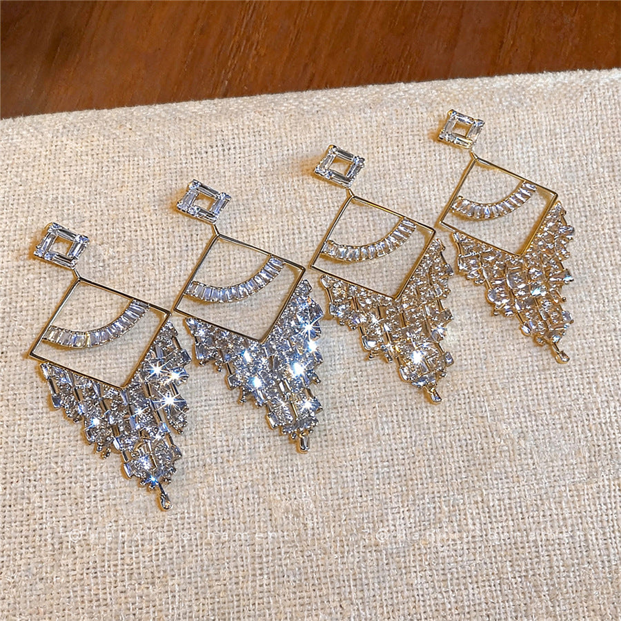 Sparkling Zircon Geometric Tassel Stud Earrings - view 2