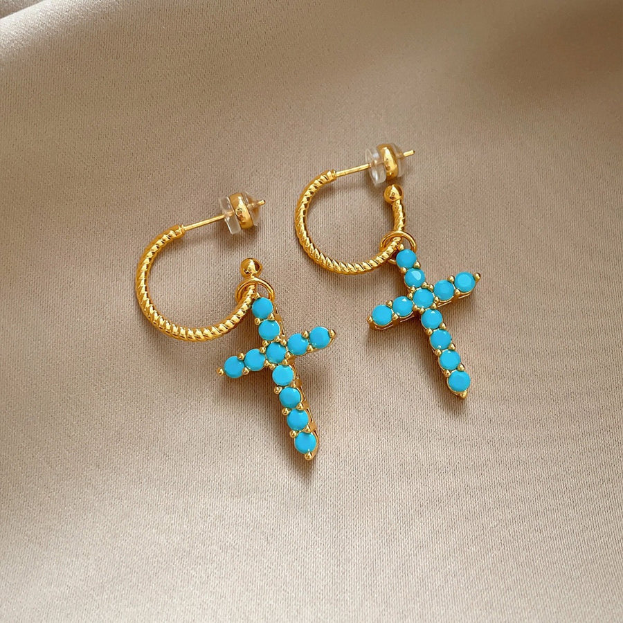 18K Gold-Plated Zircon Cross Pendant Stud Earrings - view 3