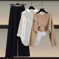 Fall-Winter Fashion Slimming Plus Size Knit Wool Wide Leg Pants + Sweater + Shirt 3-Piece Set