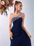 Women's One-Shoulder Beaded Evening Gown - Slim Banquet Style