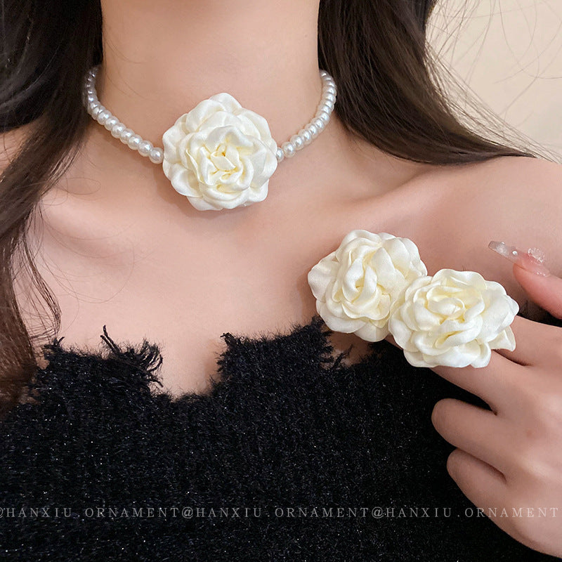 French Fabric Flower Pearl Jewelry Set - view 4