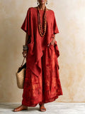 Women's Ethnic Vacation Linen Printed Loose Wide Leg Pants + Top 2-Piece Set 2026 - Olive