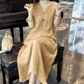 New Chinese Style Embroidered V-Neck Dress - Loose Fit Elegant Summer Dress